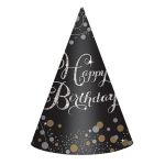 Párty čepičky černé Happy Birthday, 8 ks