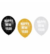 Balónek Happy New Year, černá zlatá stříbrná, 28 cm, 6 ks