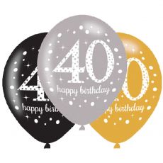 Balónek číslo 40 - zlatá, stříbrná a černá, 6 ks, 28 cm