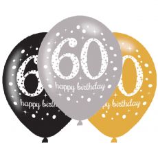 Balónek číslo 60 - zlatá, stříbrná a černá, 6 ks, 28 cm
