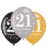 Balónek číslo 21 - zlatá, stříbrná a černá, 6 ks, 28 cm