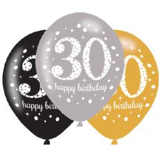 Balónek číslo 30 - zlatá, stříbrná a černá, 6 ks, 28 cm