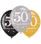 Balónek číslo 50 - zlatá, stříbrná a černá, 6 ks, 28 cm