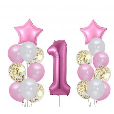 Balónkový set 1.narozeniny, růžový, 19 ks