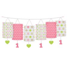 Girlanda lampiónová 1. narozeniny, růžová, bílá a zelená, 3,60 m