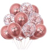 Balónky 10 ks mix - rose gold konfety a metalické Happy Birthday