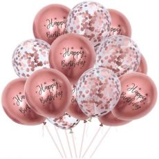 Balónky 10 ks mix - rose gold konfety a metalické Happy Birthday
