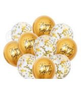 Balónky 10 ks mix - zlaté konfety a metalické happy birthday