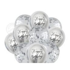 Balónky 10 ks mix - stříbrné konfety a metalické happy birthday