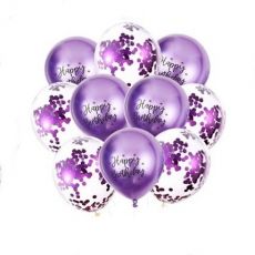 Balónky 10 ks mix - fialové konfety a metalické Happy Birthday