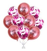 Balónky 10 ks mix - růžové konfety a metalické happy birthday