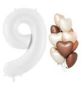 Balónkový set 9.narozeniny, bílo-hnědo-krémový, 6 ks