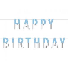 Papírová girlanda Happy Birthday, modro-stříbrná, 160 cm