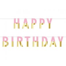 Papírová girlanda Happy Birthday, růžovo-zlatá, 160 cm