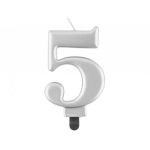 Svíčka na dort č. 5, metalická stříbrná, 8 cm