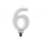 Svíčka na dort č. 6, metalická stříbrná, 8 cm
