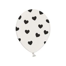 Balónek bílý černé srdce, 30 cm, 5 ks