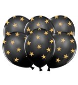 Balónek pastelový černý Zlaté Hvězdy, 30 cm, 6 ks